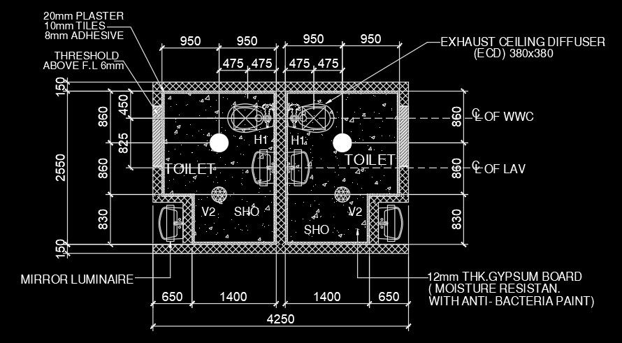 4250x2550mm male bathroom luminaire construction drawing