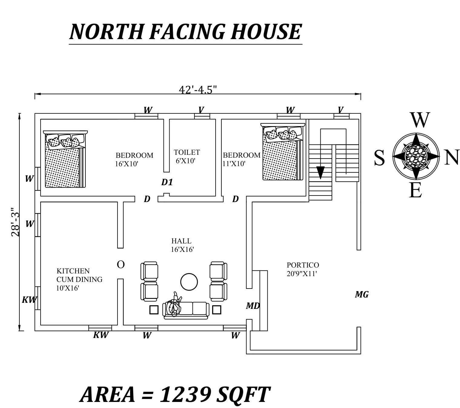 42'5"X28'3" Amazing North facing 2bhk house plan as per Vastu Shastra.
