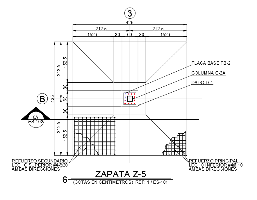 425x425cm foundation plan is given in this Autocad drawing file. Download now.