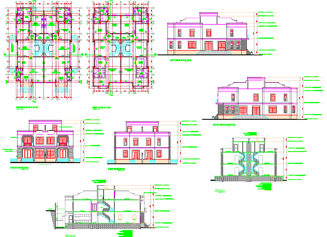 Twin Duplex House DWG with Detailed Floor Plans and Elevations