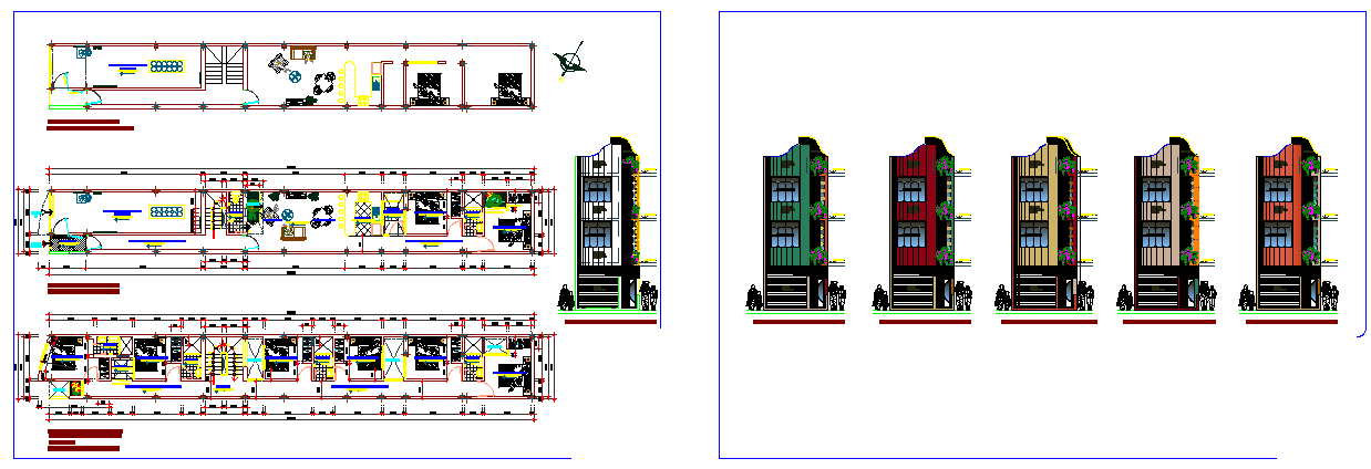 Multi Bedroom House Plan DWG with Floor Layout Elevation and Sections