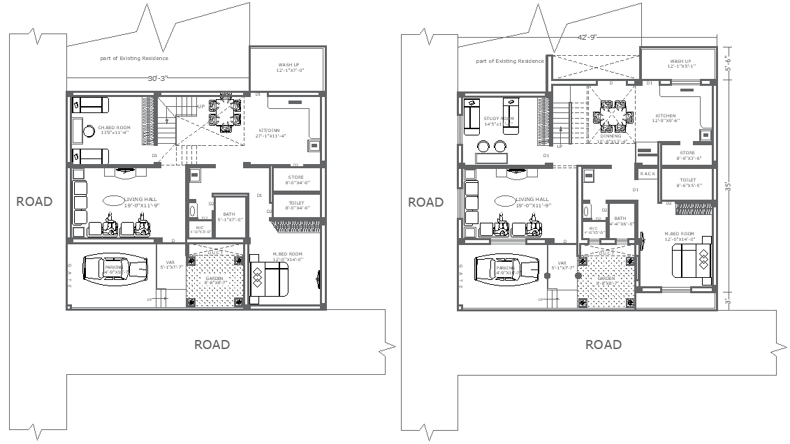 AutoCAD DWG 42.9ftx35ft Two House Plans with 2BHK Layouts