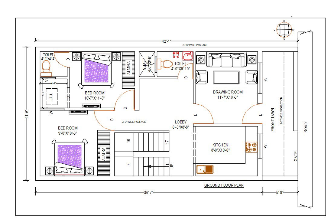 42'X21' North Facing House Gourd Floor Plan AutoCAD Drawing