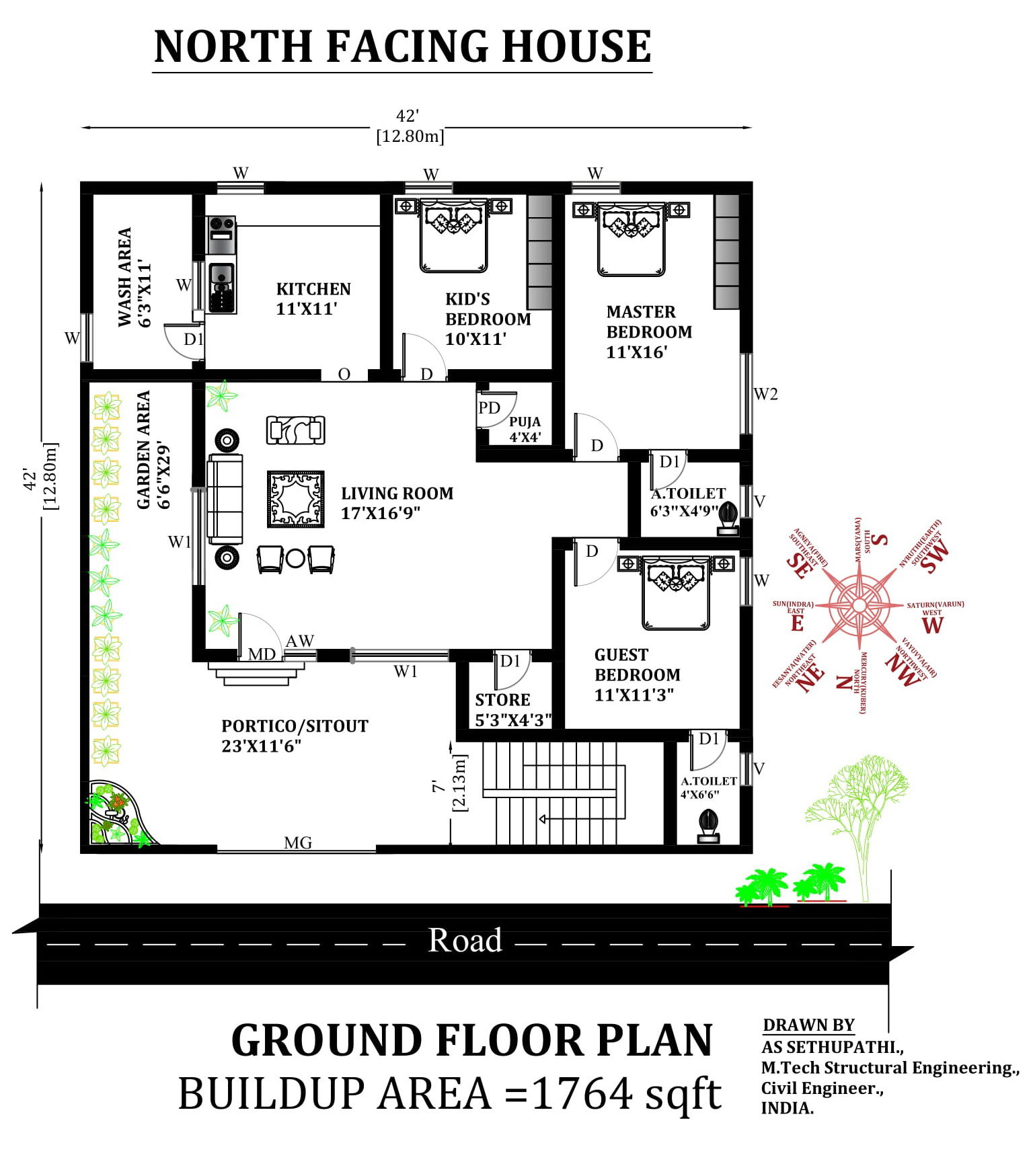 42'X42' Perfect North facing 3bhk Furniture house plan as per Vastu Shastra. Download Autocad DWG and PDF file.