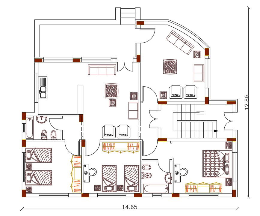 42 X 48 Feet House Furniture Plan Design DWG File