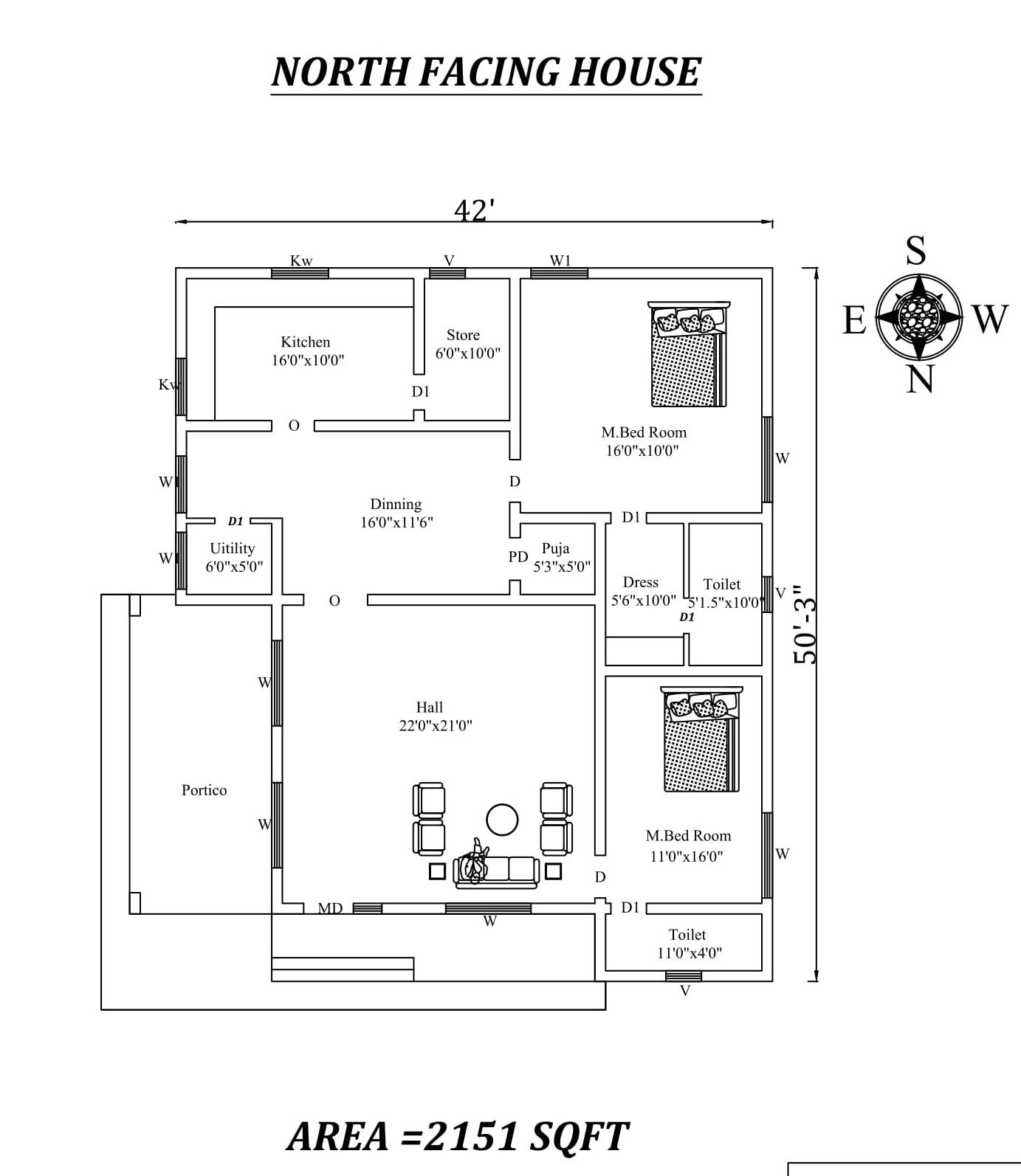 42'X50'3" Amazing North facing 2bhk house plan as per Vastu Shastra,