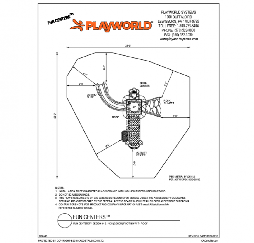 42 inch fun center design park layout with footing and roof dwg file