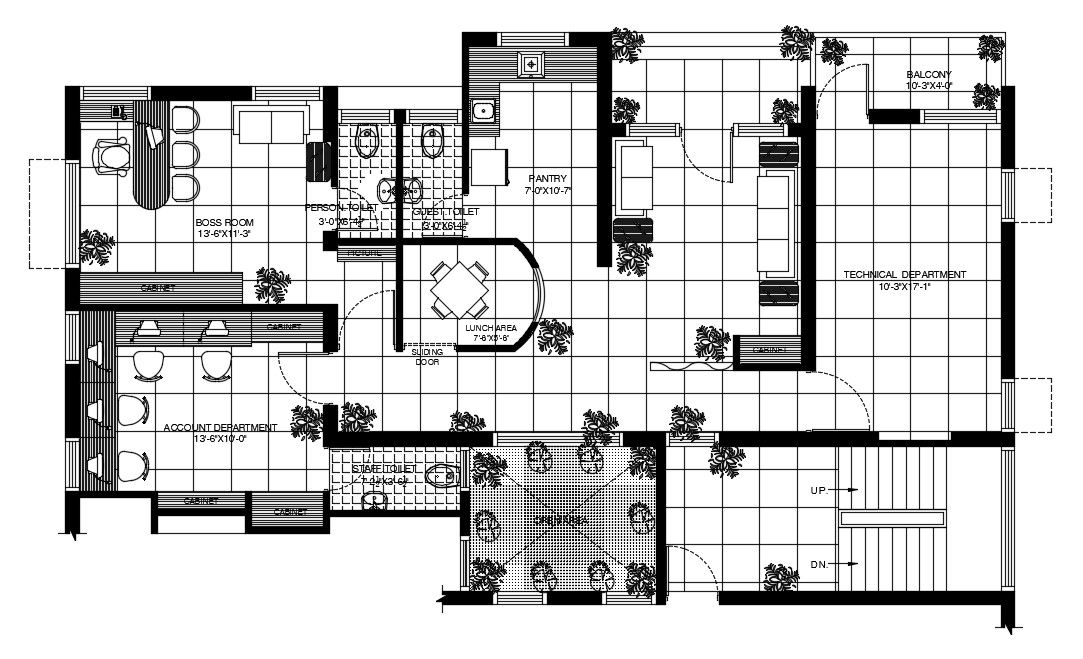 42’x25’ office plan is given in this AutoCAD drawing model. Download now.