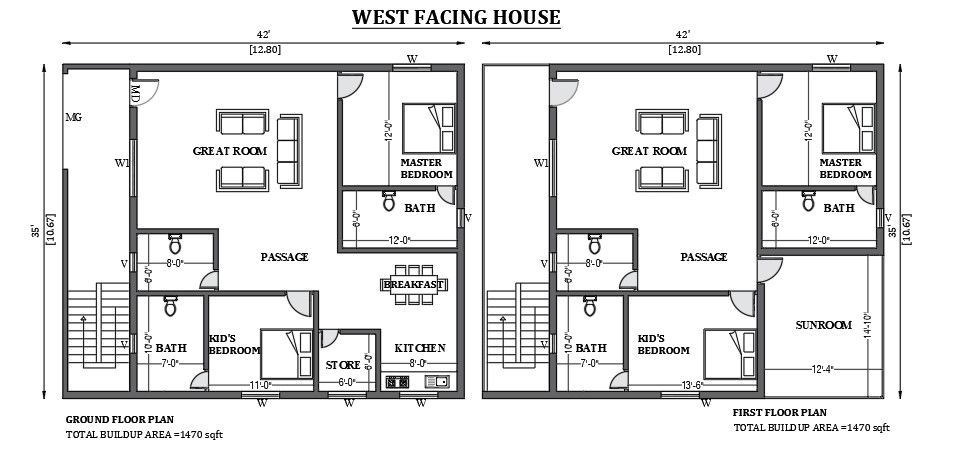 42’x35’ west facing house design as per vastu shastra is given in this FREE 2D Autocad drawing file. Download now.