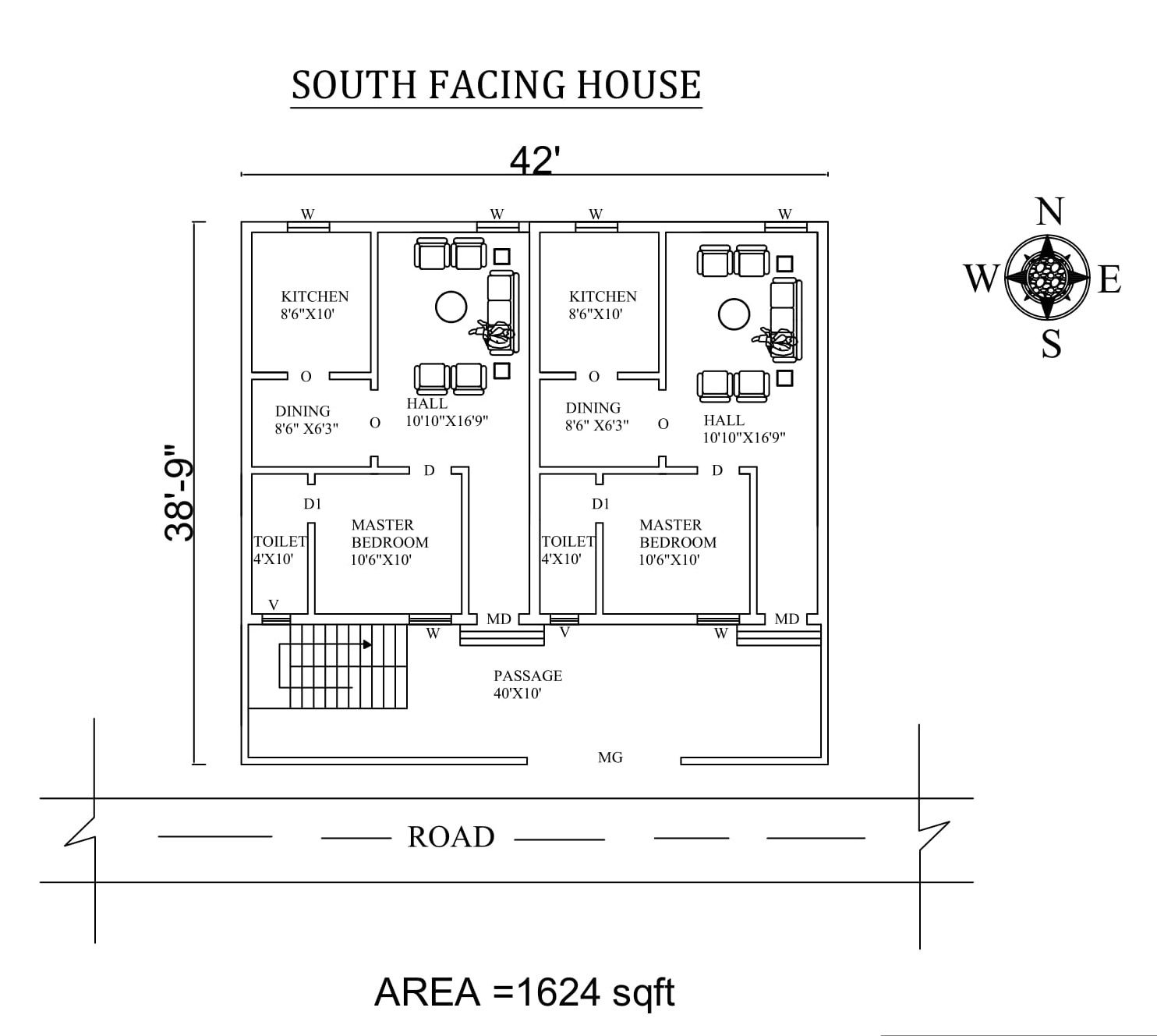42'x 38'9" south facing single bhk dual house plan as per vastu Shastra, autocad DWG and PDF file Details