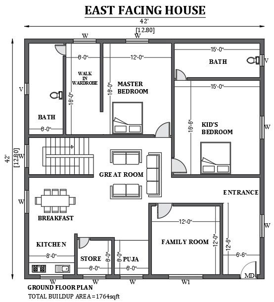 42'x42' East facing house design is given in this FREE 2D Auto cad drawing file. Download now.