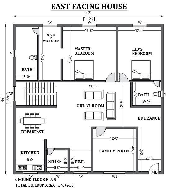 42x42 East Facing House Plan | Free AutoCAD Drawing