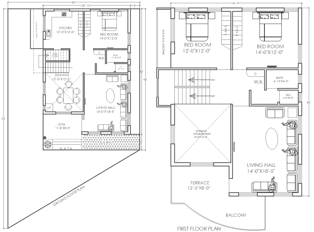 42ftx45ft 3BHK AutoCAD House Plan with Floor Layouts