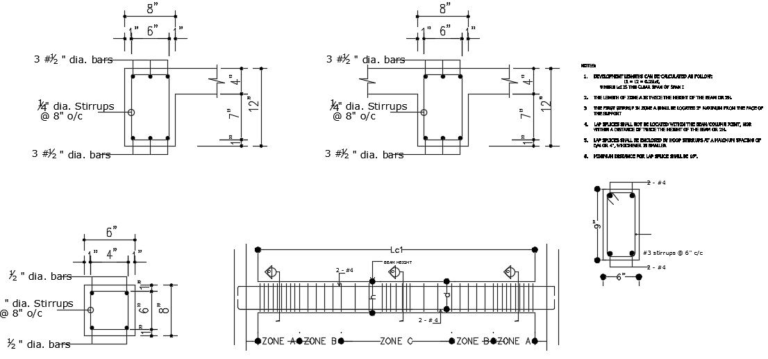 42’x45’ house building beam longitudinal section and cross section 2D drawing