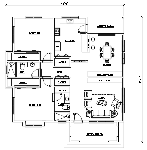 42’x45’ house plan furniture’s CAD drawing