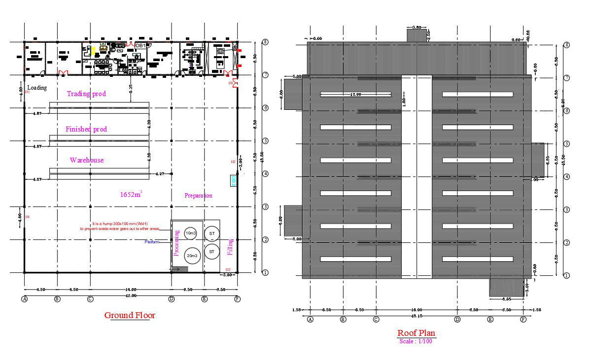 42x45m ground floor warehouse plan and roof plans