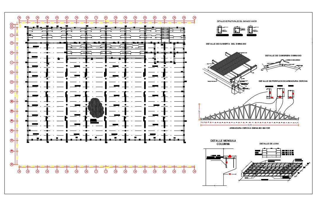 42x45m warehouse building column layout and section views