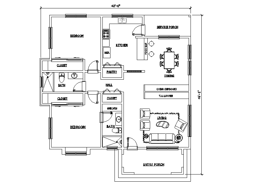 42'x46' Two BHK AutoCAD Plan Layout File