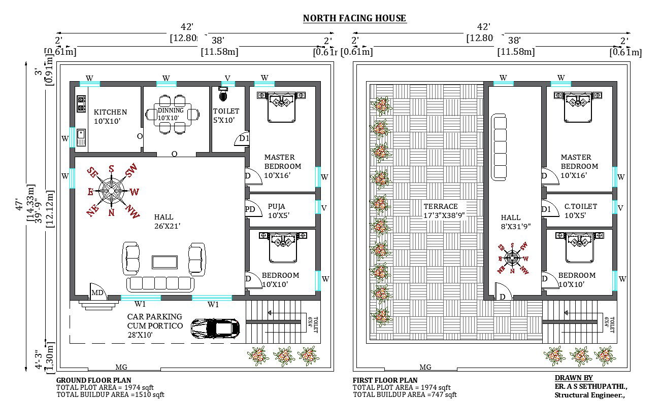 42’x47’ North facing house plan. Download the free 2D Autocad drawing file.