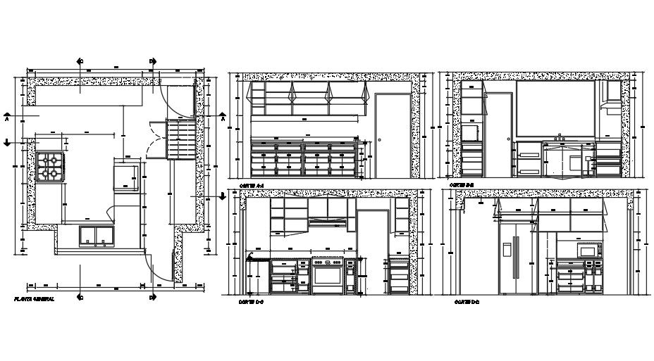 4352x4370mm modular kitchen plan and its section views