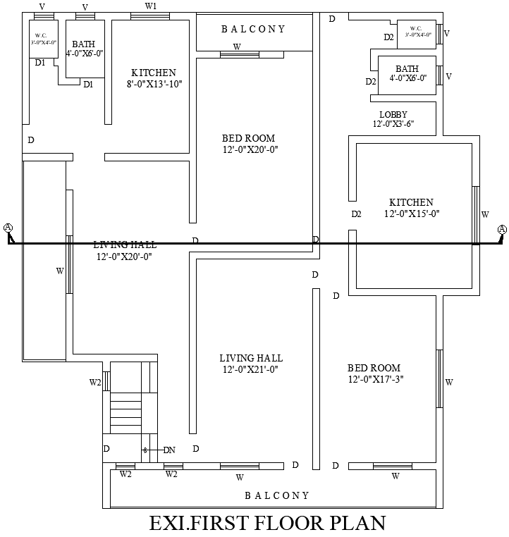 43.6x51.3Ft 2BHK First Floor House Plan Design DWG File