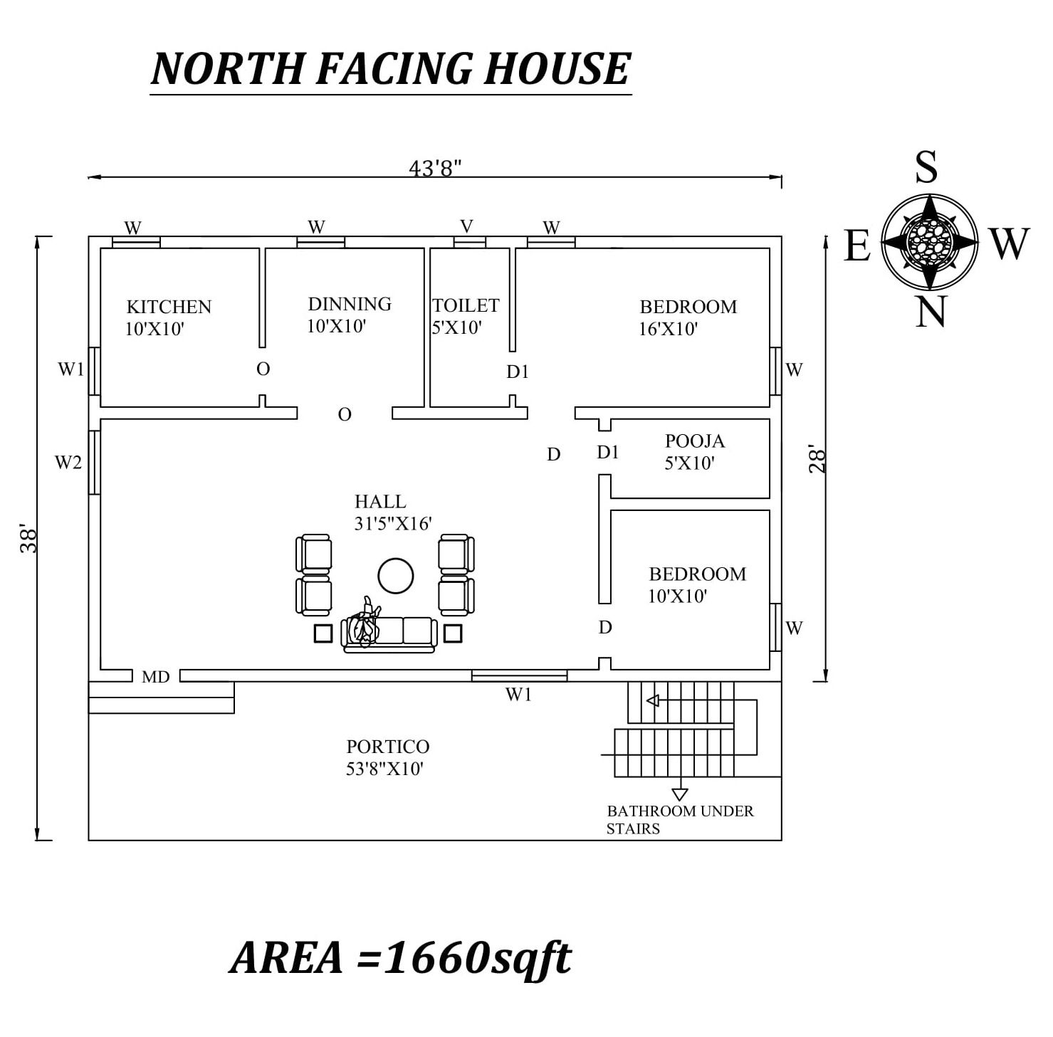 43'8"x28' Wonderful North facing 2bhk house plan as per vastu Shastra., DWG and PDF file Details
