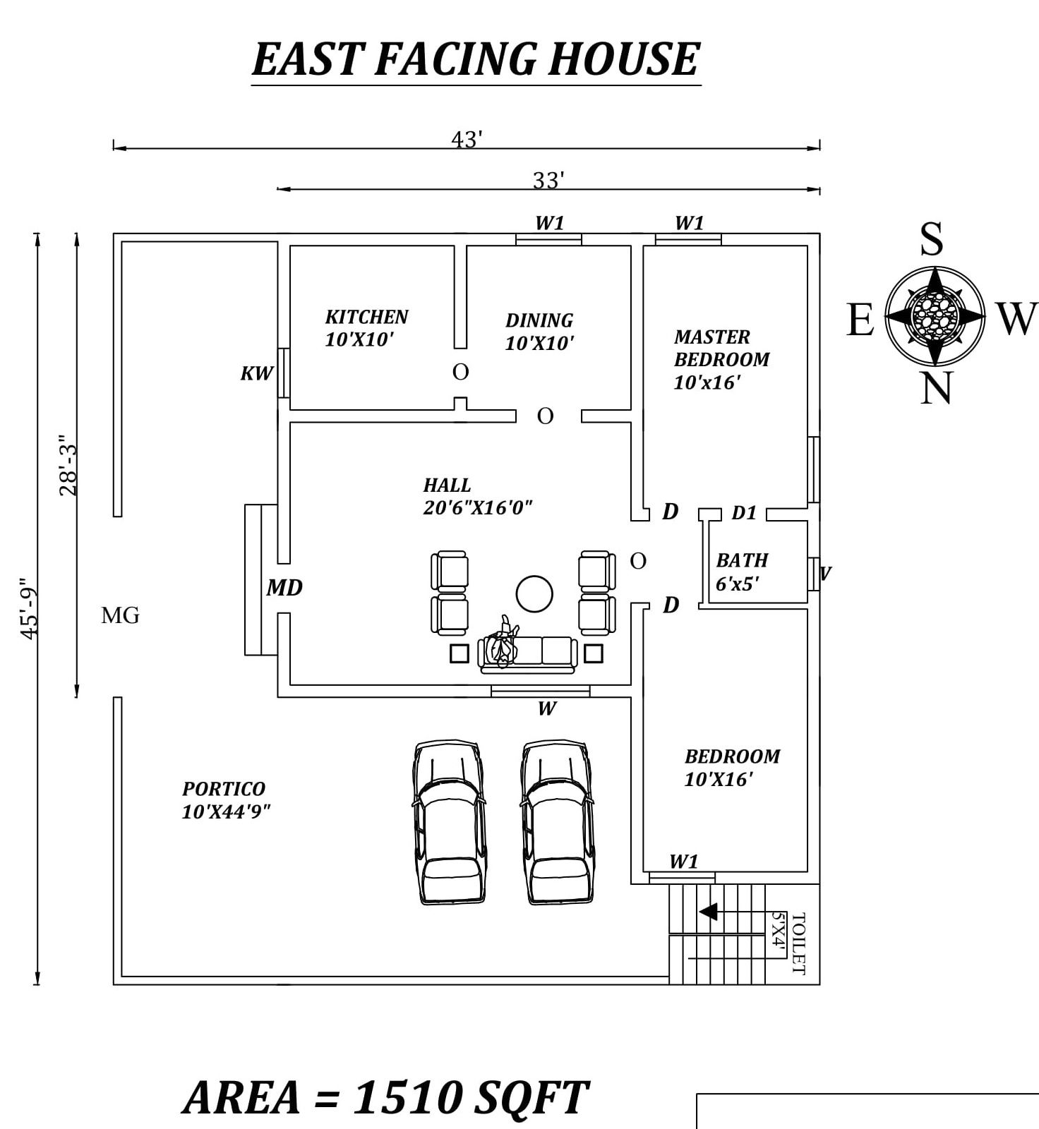 43'X45'9" Splendid 2bhk East facing House Plan Layout As Per Vastu Shastra.Autocad DWG and Pdf file details.