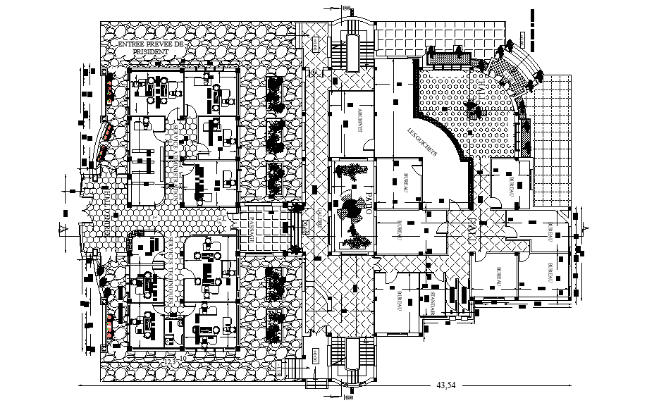43x32m office plan is given in this Autocad drawing file. Download the 2D Autocad file.