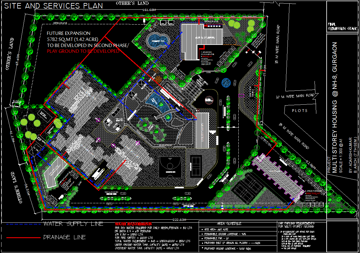 Multistory Housing Project Layout with Elevations and Site Services