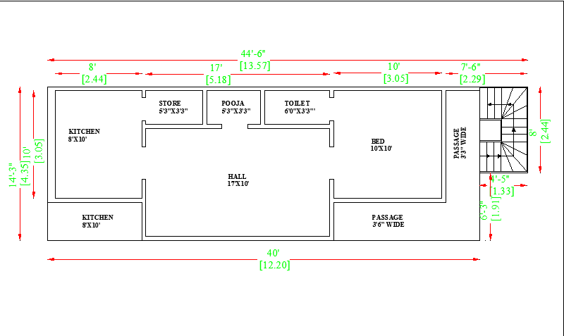 44'6" X14' north-facing one bhk house plan as per Vastu Shastra.Download Autocad DWG and PDF file.
