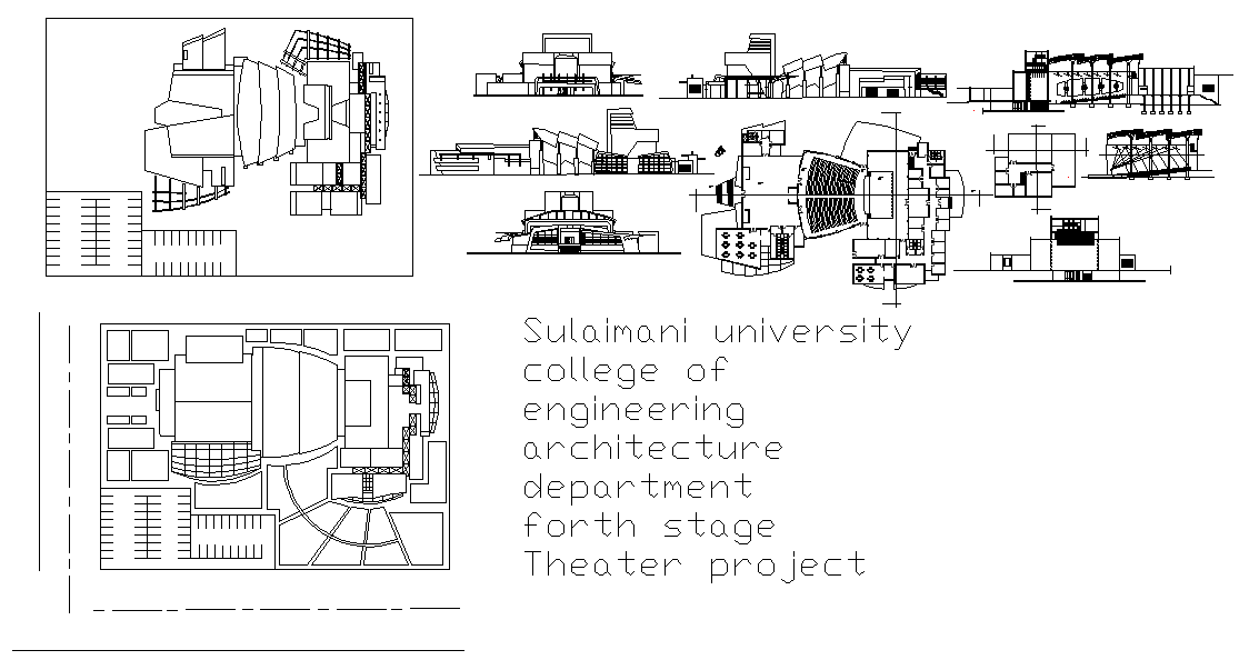 Multiplex theater design DWG with auditorium restaurant and parking