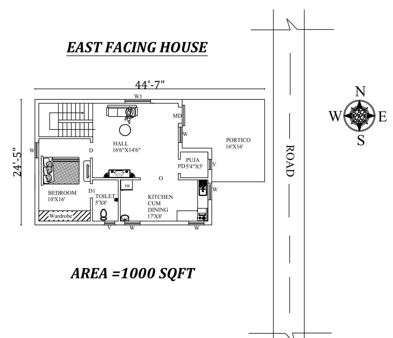 44'7"x 24'5" Single bhk East facing small House Plan As Per Vastu Shastra.,Autocad DWG file Details
