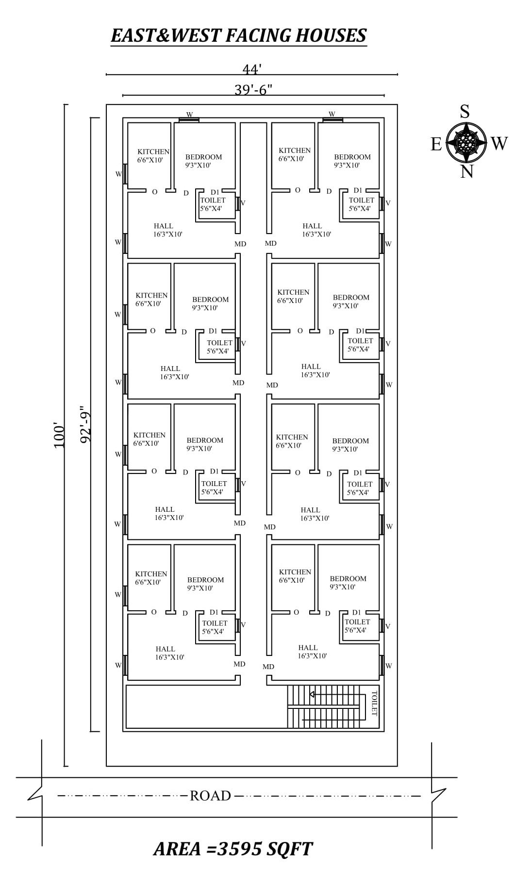 44'X100' Single bhk East and west-facing row complex House Plan As Per Vastu Shastra,Autocad DWG and Pdf file details.
