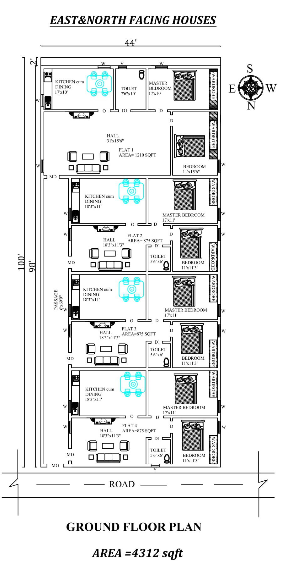 44'X100' The Perfect 2bhk East and north facing row House Plan As Per Vastu Shastra,Autocad DWG and Pdf file details.