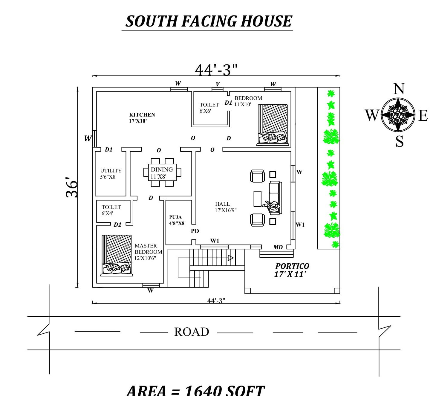 44'X36' 2bhk Awesome South facing House Plan As Per Vastu Shastra.Autocad DWG and Pdf file details.