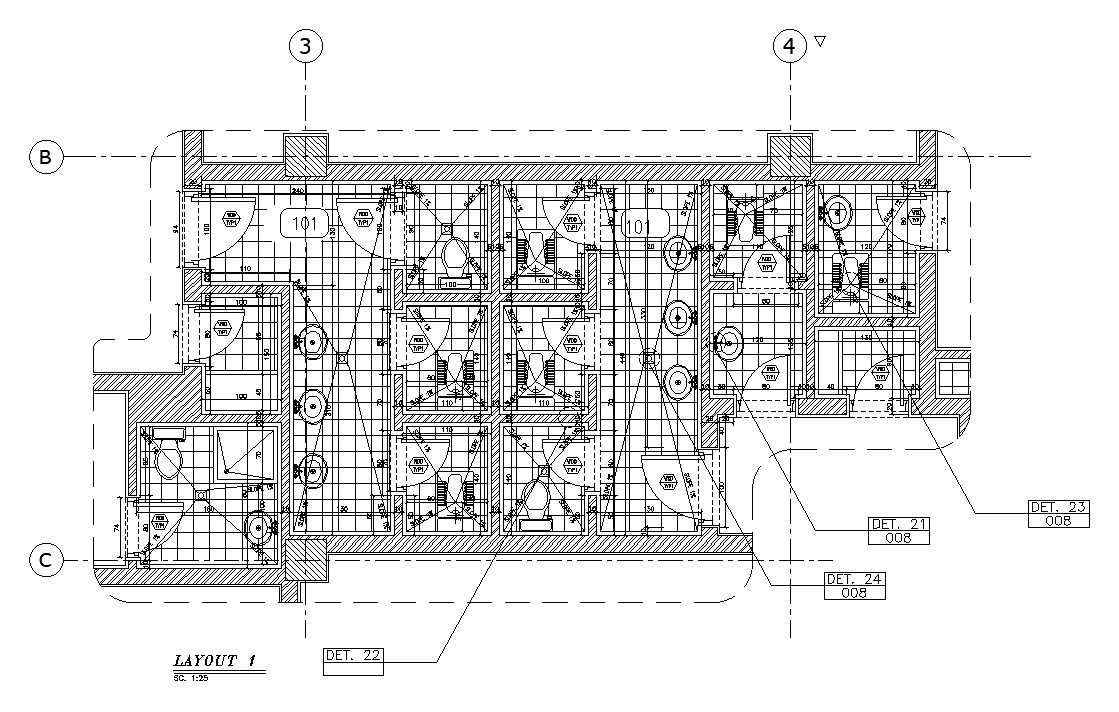 44’x22’ bathroom plan is given in this AutoCAD drawing model. Download now.