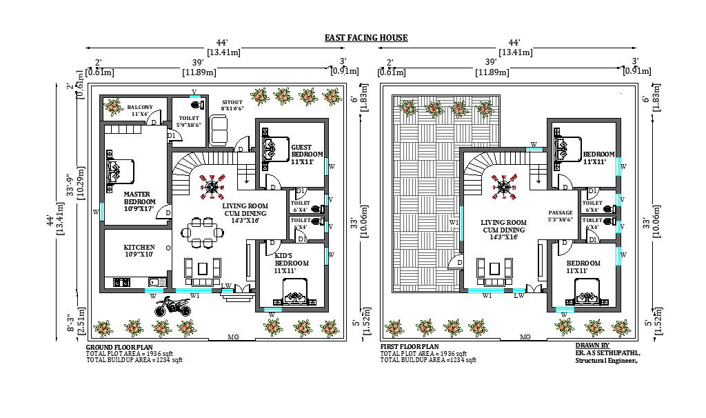 44’x44’ east facing G+1 home design.Download the 2D Autocad drawing file.