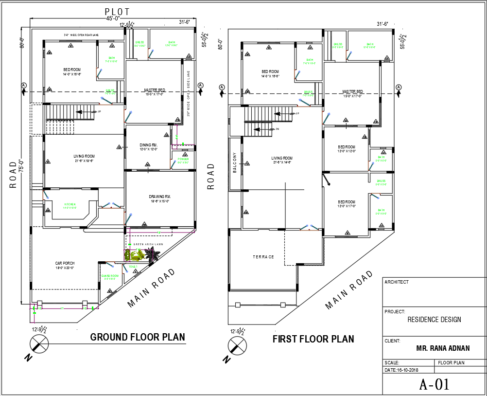 Two Story 45x75 House Floor Plan with AutoCAD DWG File