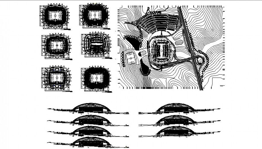 45000 people capacity foot ball stadium plan and elevation in auto cad software