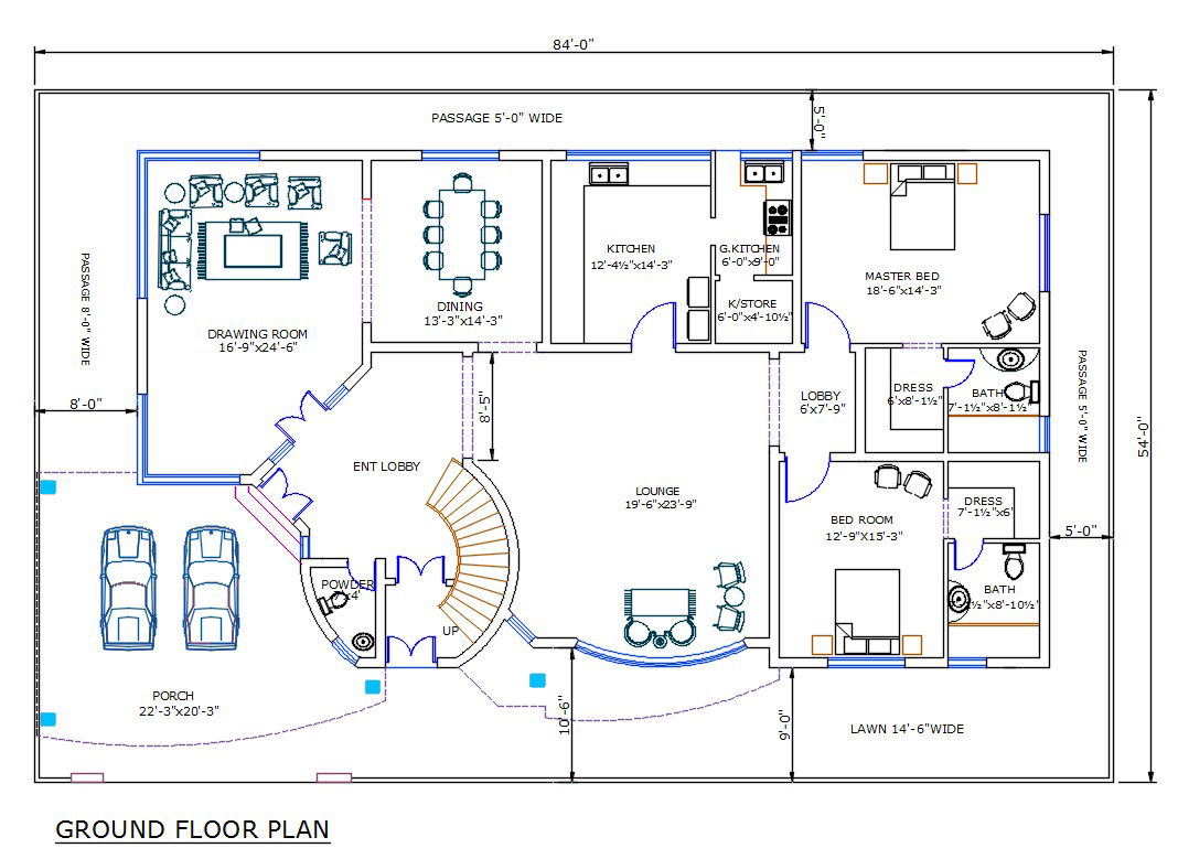 4500 Square Feet House Ground Floor Plan With Furniture Drawing DWG File