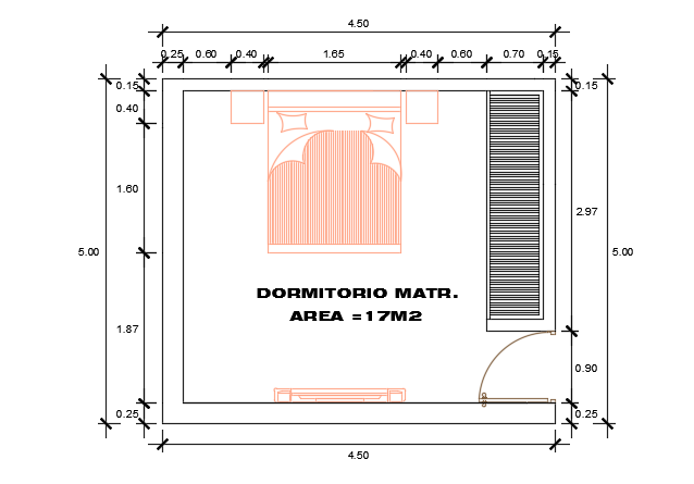 4500x5000mm master bedroom plan cad drawing is given in this file