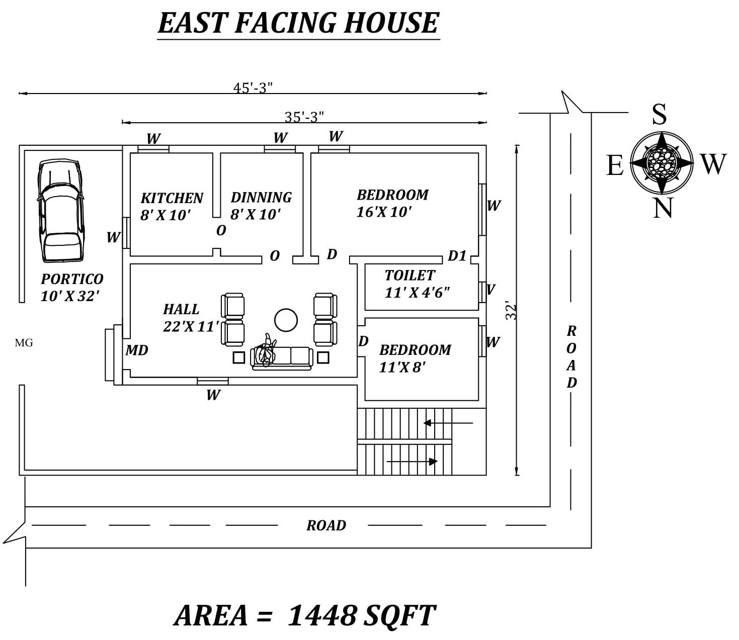 45'3" X32' Beautiful 2bhk East facing House Plan As Per Vastu Shastra.Autocad DWG and Pdf file details.