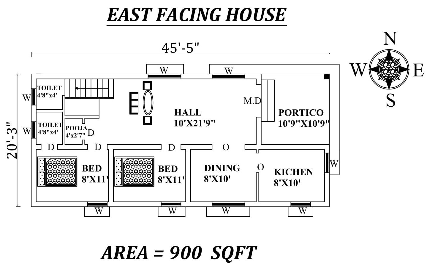 45'5" X20'3" The Perfect 2bhk East facing House Plan As Per Vastu Shastra. Autocad DWG and Pdf file details.