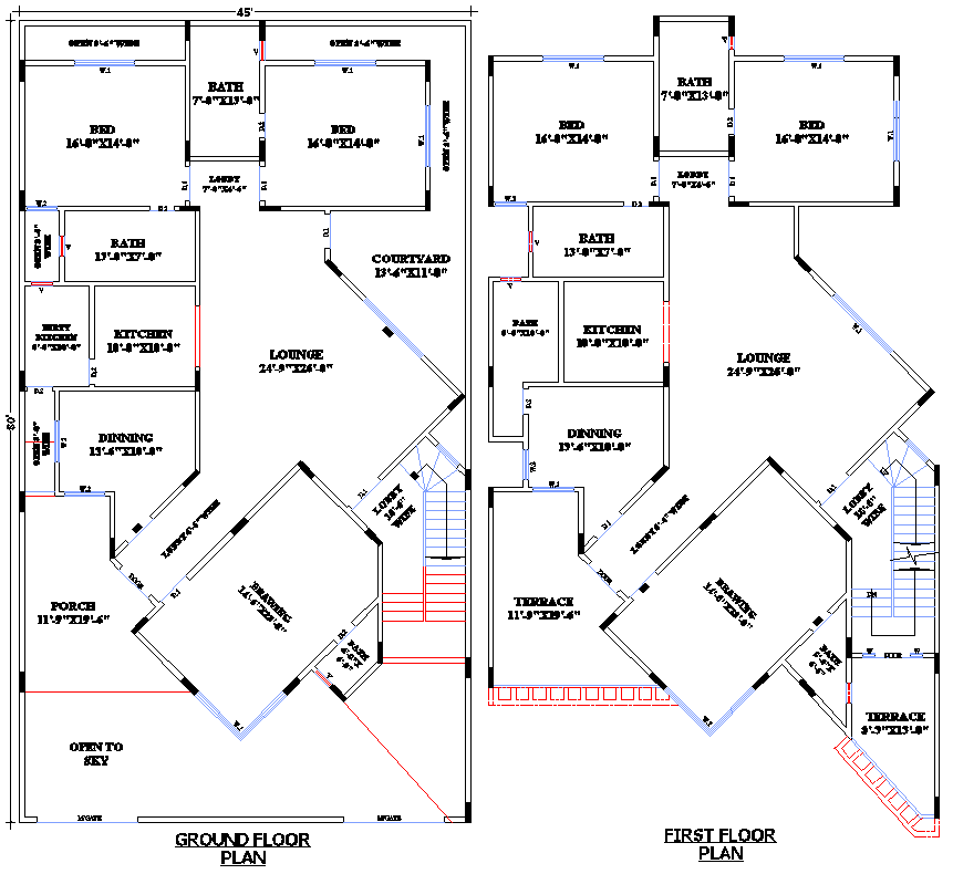 45x80 2 Storey House Plan in CAD File for Residential Design