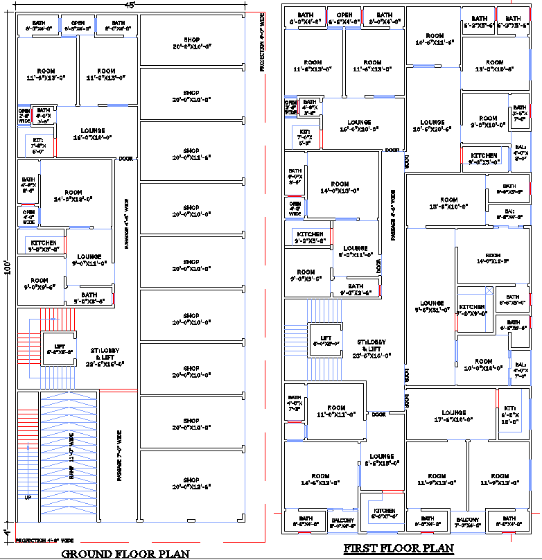 45x100 Commercial Residential DWG Plan with Lift Lobby