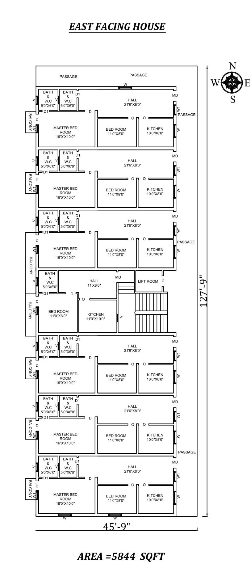 45'X127'9" The Perfect 2bhk East facing Apartment House Plan As Per Vastu Shastra. Autocad DWG and Pdf file details.