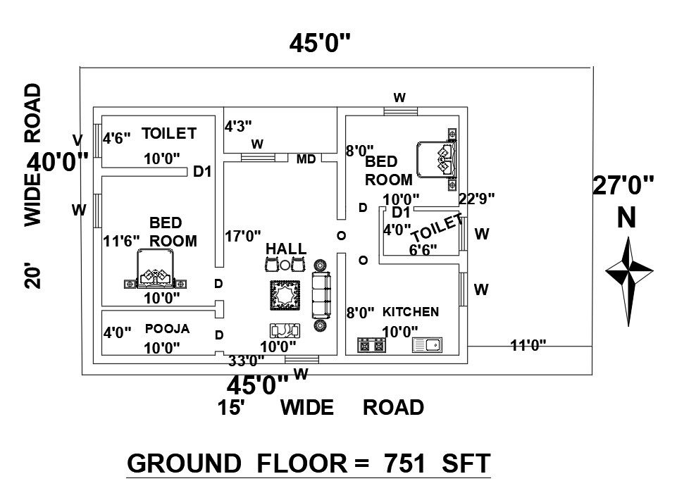 45'X27' 2 BHK House Layout Pan AutoCAD Drawing Download DWG File