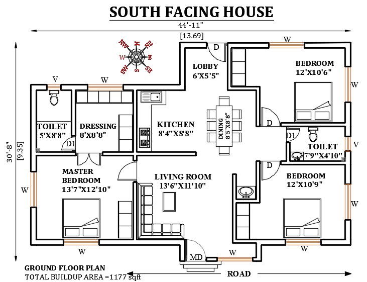 45'X30 South facing home plan. Download Autocad DWG|CADBULL