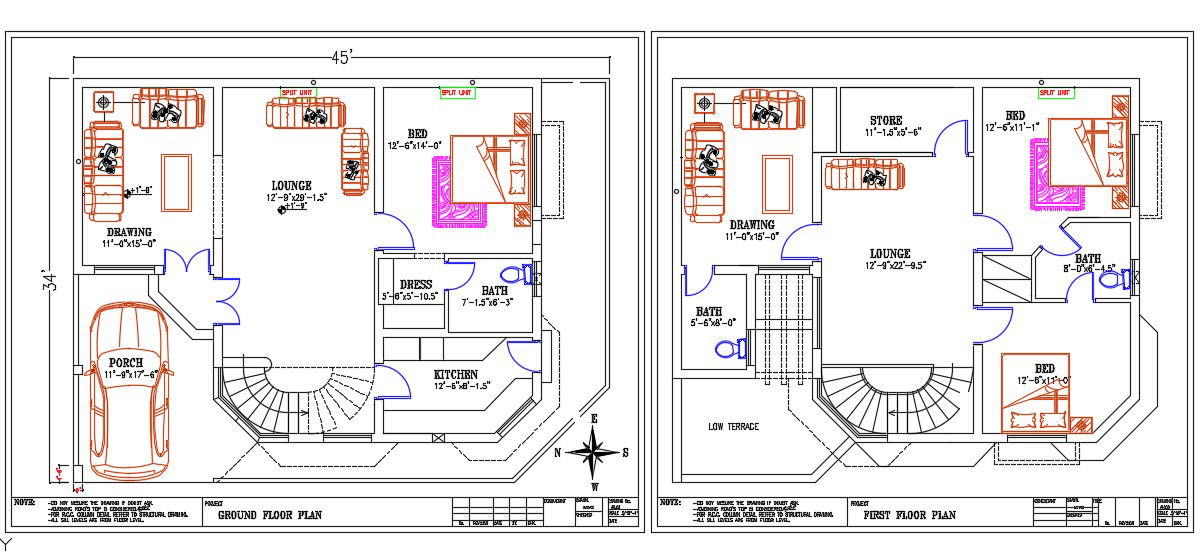45'X34' House Ground Floor And First Floor Layout Plan AutoCAD Drawing DWG File