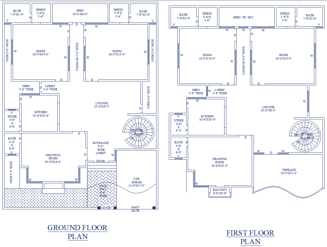 Two Storey 45x40 ft House Floor Plan in CAD Drawing File